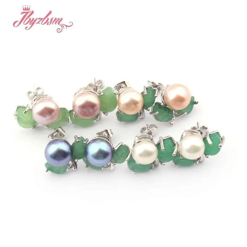 6mm Round Pink White Natural Freshwater Pearl Green Leaf Gorgeous Cute Stud Earrings 1 Pair Party Anniversary Minimalist Jewelry 250805