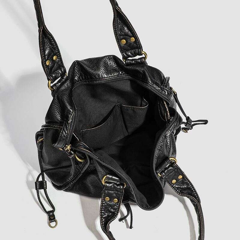 Soft leather retro trendy color one shoulder messenger multi pocket tote bag