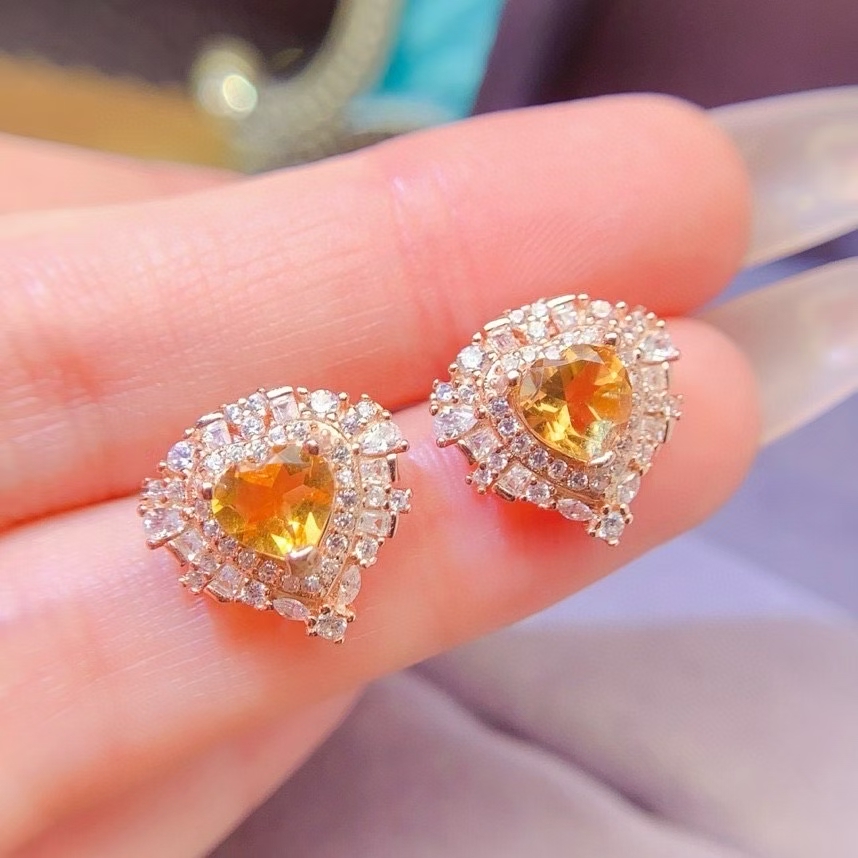 Cute 925 silver heart gemstone studs earrings 6mm VVS grade natural citrine stud earrings allergy free 18K gold plated yellow crystal silver jewelry