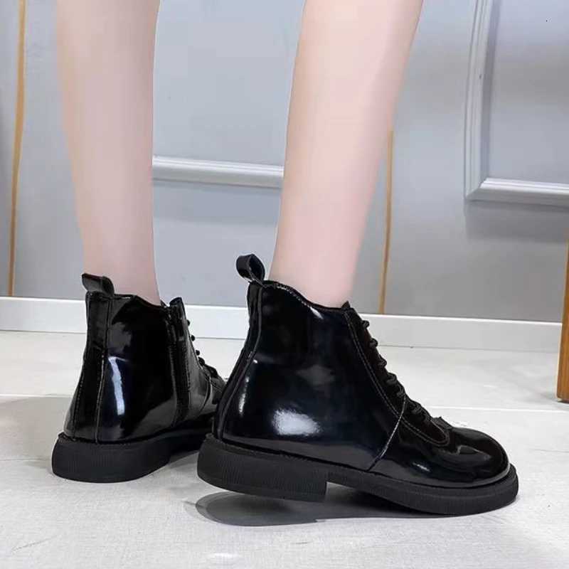 Black Short Shoes for Women Female Ankle Boots Lace-up with Laces Leather Round Toe Footwear Booties Comfortable and Elegant Y2k XJ250807