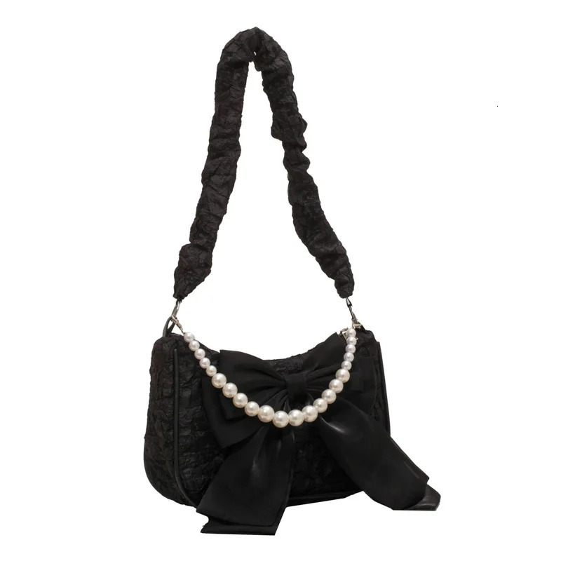 Texture lace pleated bag womens bag womens black pearl shoulder bag bow bracelet fashionable 250807