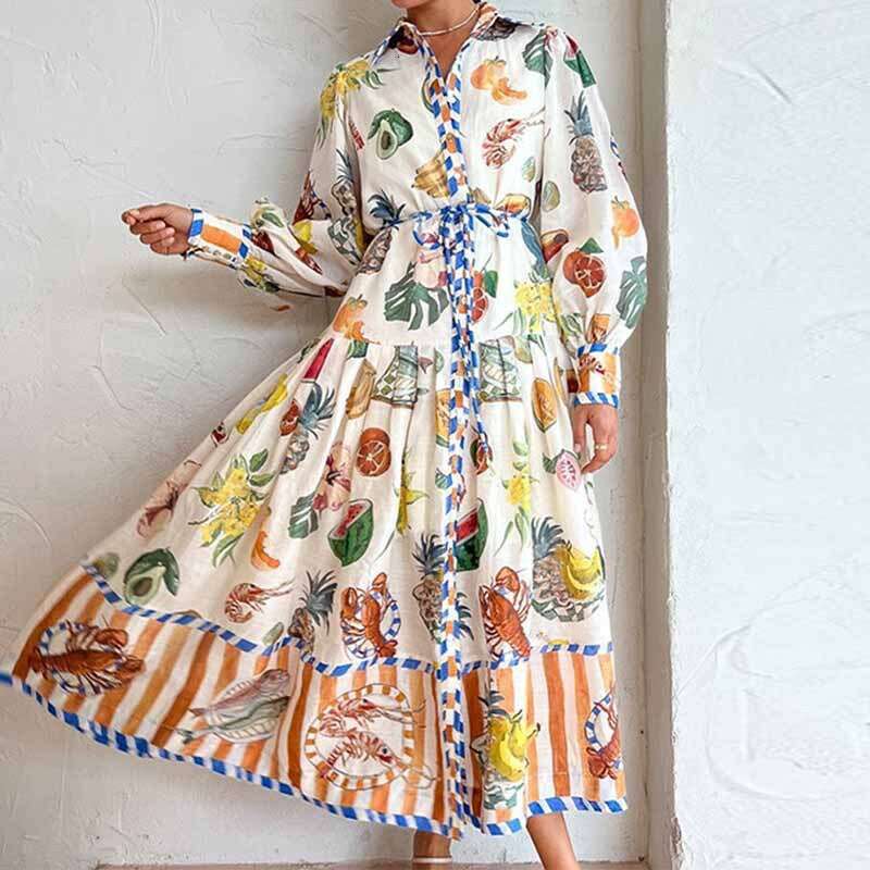 Women's Lantern Printed Turn-Down Collar Waist-Cinching Long Sleeve Flared Spring Dress B5 h7