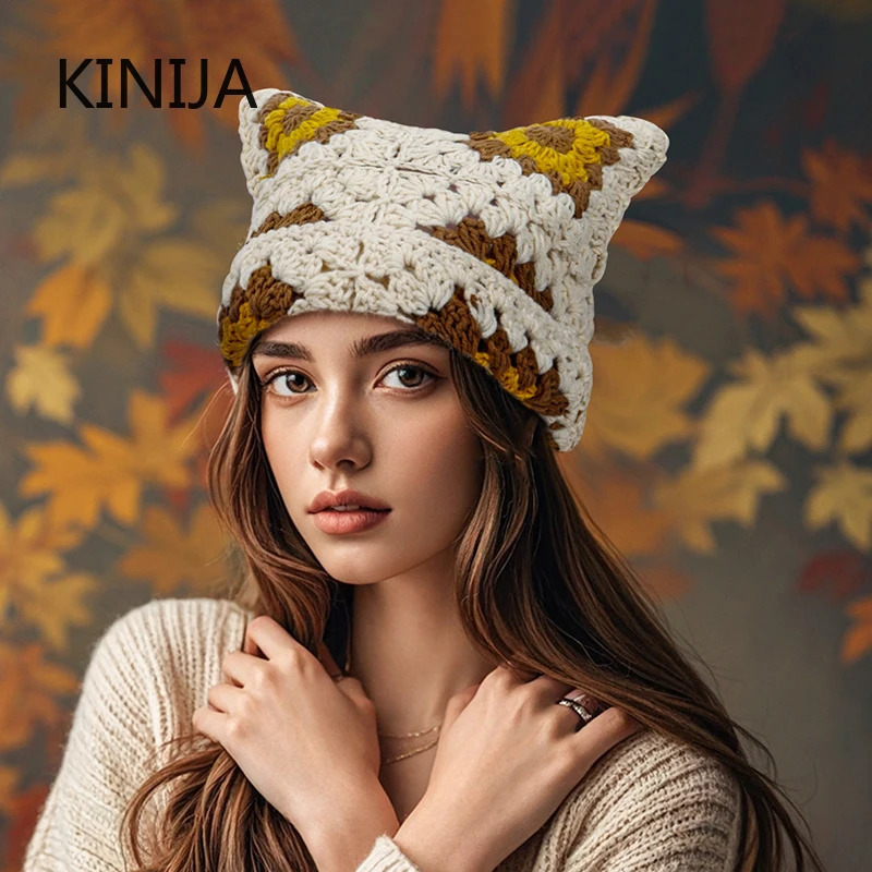 Handmade Beanie Hat Millennium Women Kawaii Y2K Harajuku Punk Gothic Knitted Cap Winter Female Men Retro Fashion Cold Hat 250805