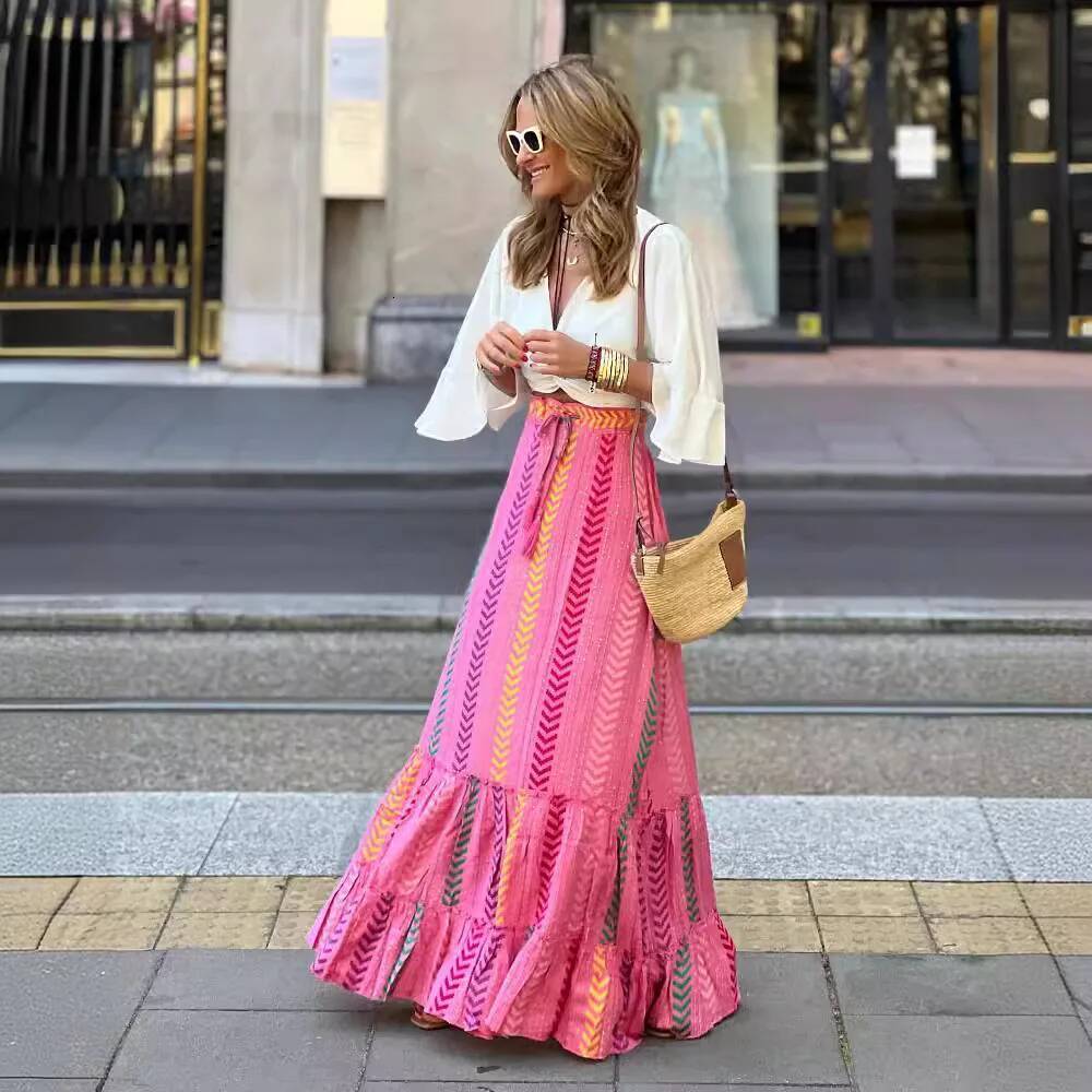 2025 Summer New Women's A-line Skirt Beach Holiday Printed Lace up Skirt Casual Long Skirt Loose High Waist Bohemian Women's fashion Summer 