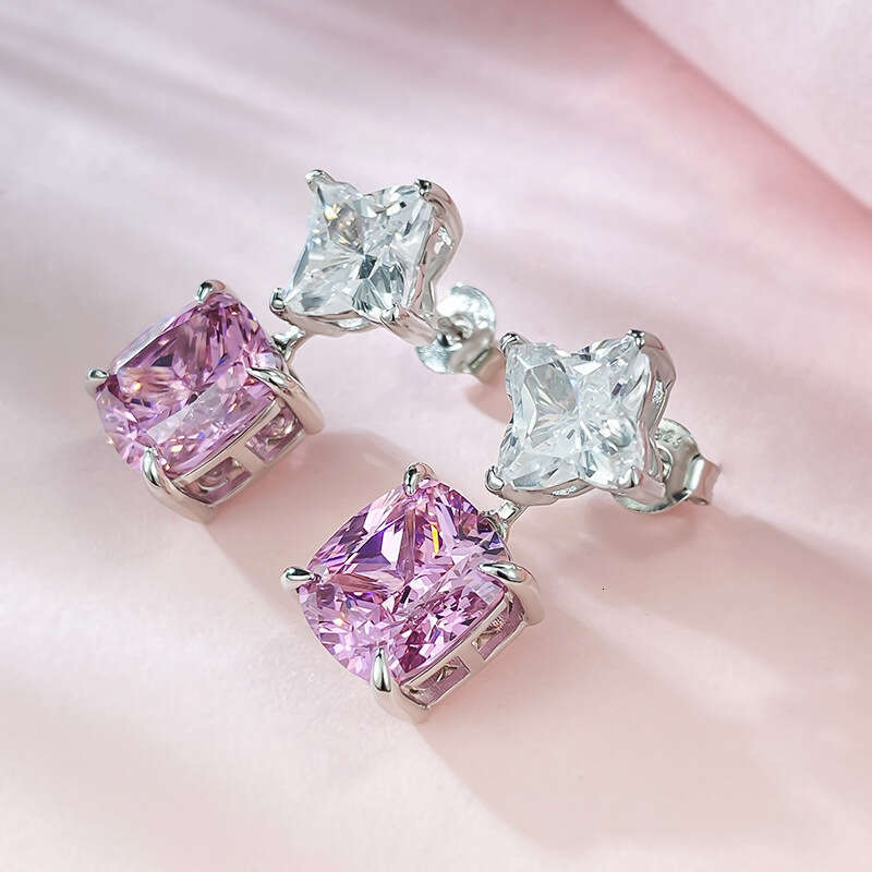 Mujing Jewelry S Sier New High Carbon 10*11 Fat Square Inlaid Pink Dia Earrings Elegant Style