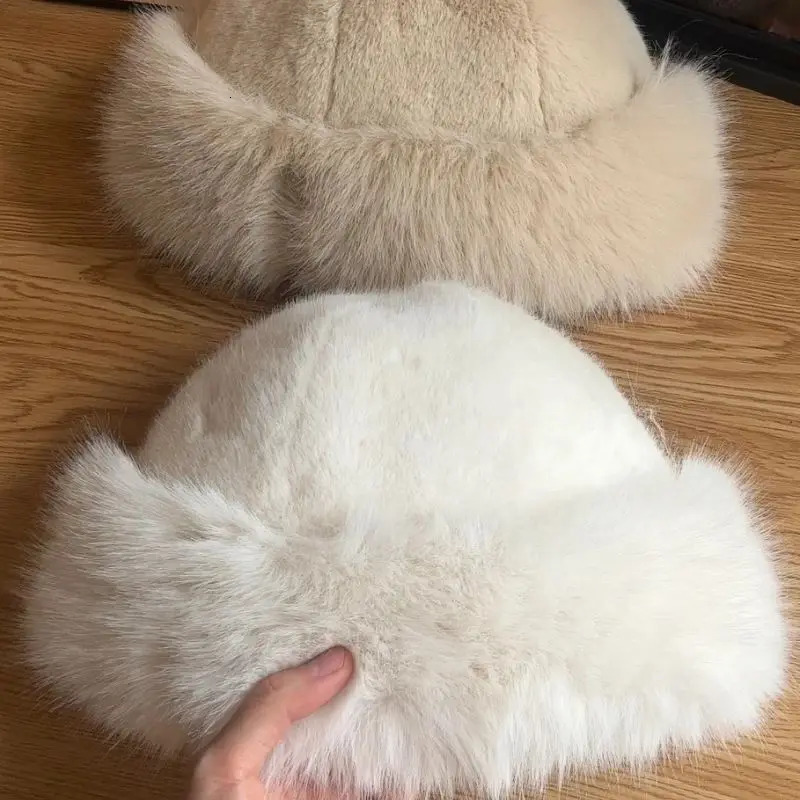 Fur Hat Women Warm Snow Ski Cap Plush Female Faux Fox Fur Thicken Warm Winter Hat Lady Windproof Panama Furry Fisherman Cap Y2k 250806