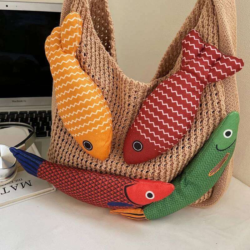 Lucky Fish Decor Shoulder Tote Bags For Women Woolen Knitted Large Capacity Shopper Totes Koi Design Casual Street Handbags 2025