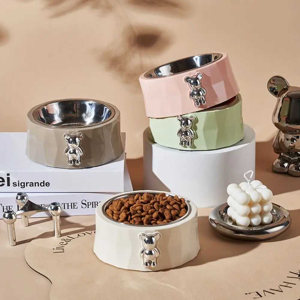 Anti Knock Stainless Steel Bear Pet Bowl Detachable with Non-Slip Pad Cat Feeder Double Anti Tipping Pet Feeding Basin Dogs Cats Y250806