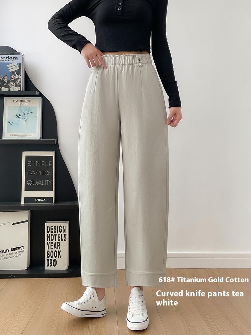 618# Titanium Gold Cotton Curved Knife Pants Elastic Waist Design Slimming and Leg-Lengthening Straight Leg Pants