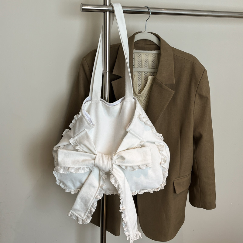 Free shipping designer Trendy Loose Canvas Tote Bag for Women Korean Style Large Capacity Lace Trim Bow Shoulder Bag Underarm Bag