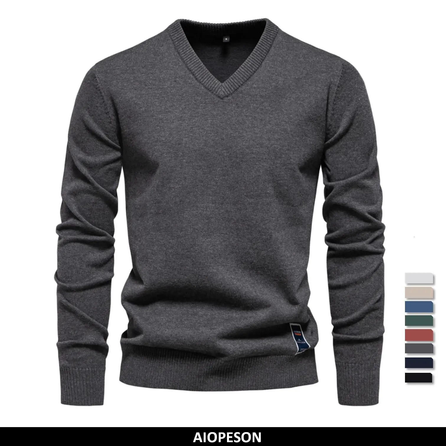 AIOPESON Mens V-neck Solid Cotton Pullover Sweaters Long Sleeve Casual Social Knitted Sweaters for Men 250804