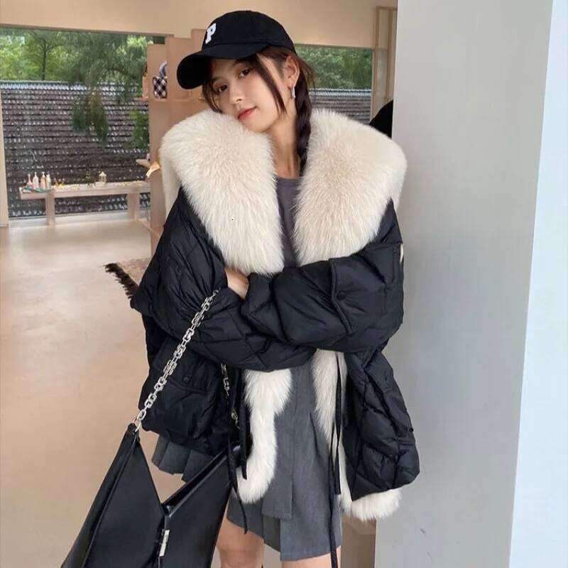 Designer Clothing 2025 Brand Winter Women Big Faux Fox Fur Collar Fluffy Loose Puffer Jacket Parkas Windproof Coat Snow Outerwear Warm