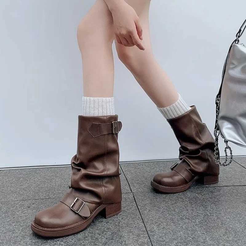 2025 Autumn New Pleated Buckle Knight Boots For Women Mid Calf Boots Slip On Casual Cool Girls Thick Heel Riding Botas Mujer XJ250807