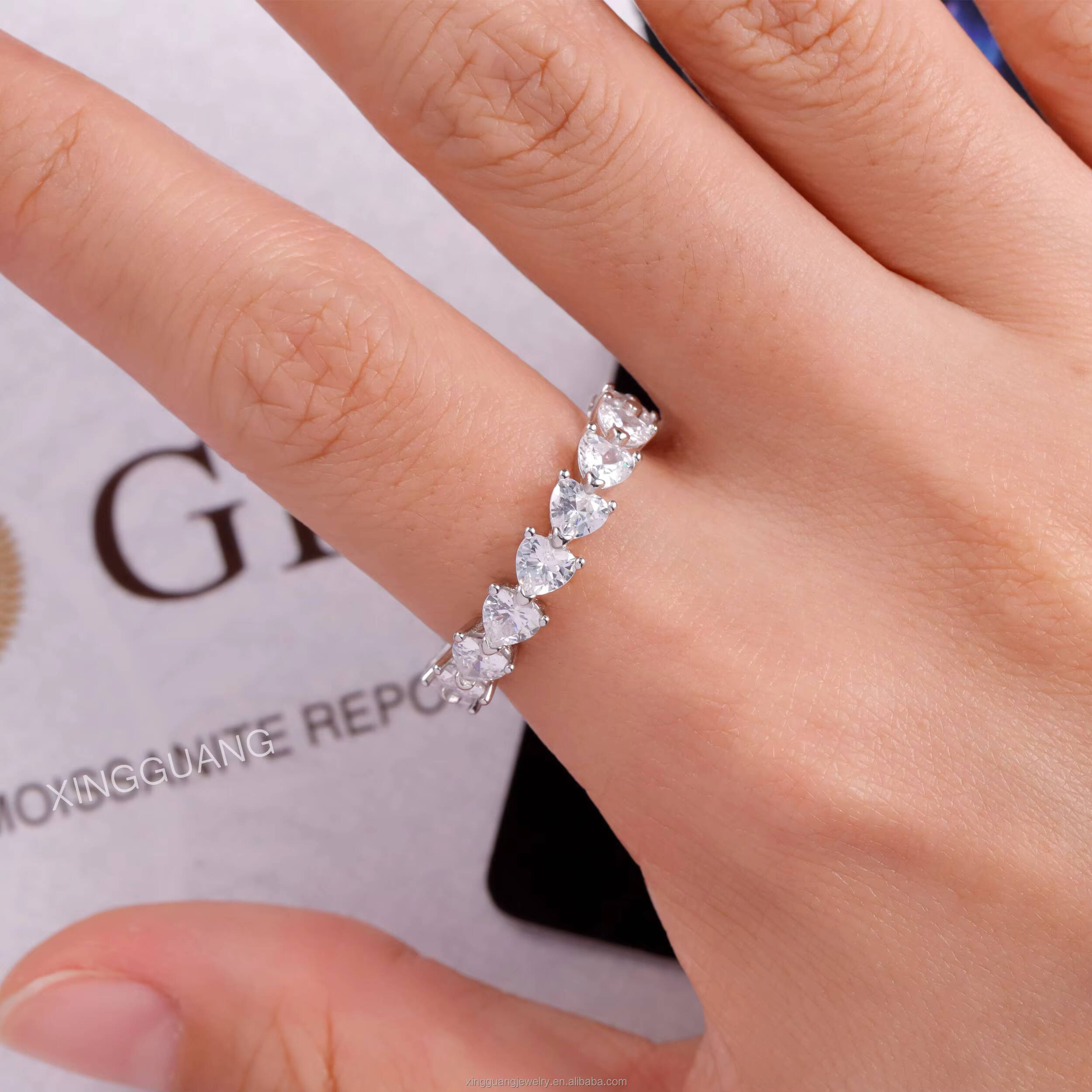 Pass Diamond Test Heart Moissanite Eternity Band Ring Real 14K 18K White Solid Gold Rings Women Wedding Fashion Jewelry