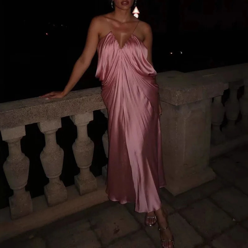 Casual Hollow Backless Maxi Dresses Club Party Sleeveless Camisole Summer Dress Sexy Womens V Neck Pleated Cocktail 250807