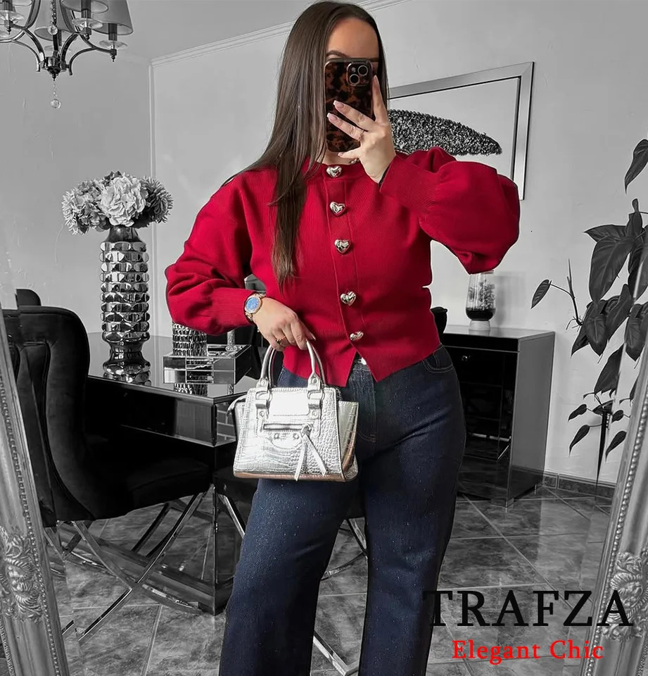 TRAFZA Women Elegant Red Knit Cardigan Heart Buttons Sweater Spring Fashion High Street Casual Romantic Sweater 250801