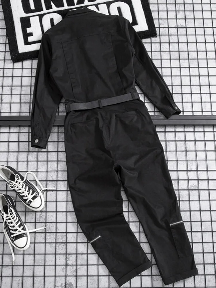 Lovers Cargo Jumpsuit High Street Solid Color Loose Overalls Set MultiPockets Full Sleeve Zipper Straight Pants Male M2XL 250804