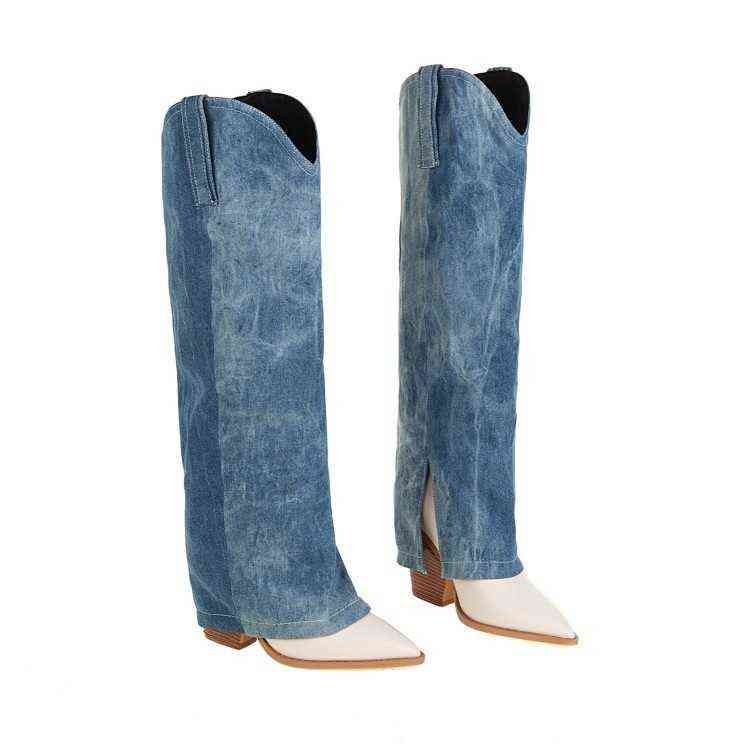 Fashionable Large Size Cowgirl-Inspired Ladies' Ankle Boots: Classic Blue Jeans & Spiked Stiletto Heels
