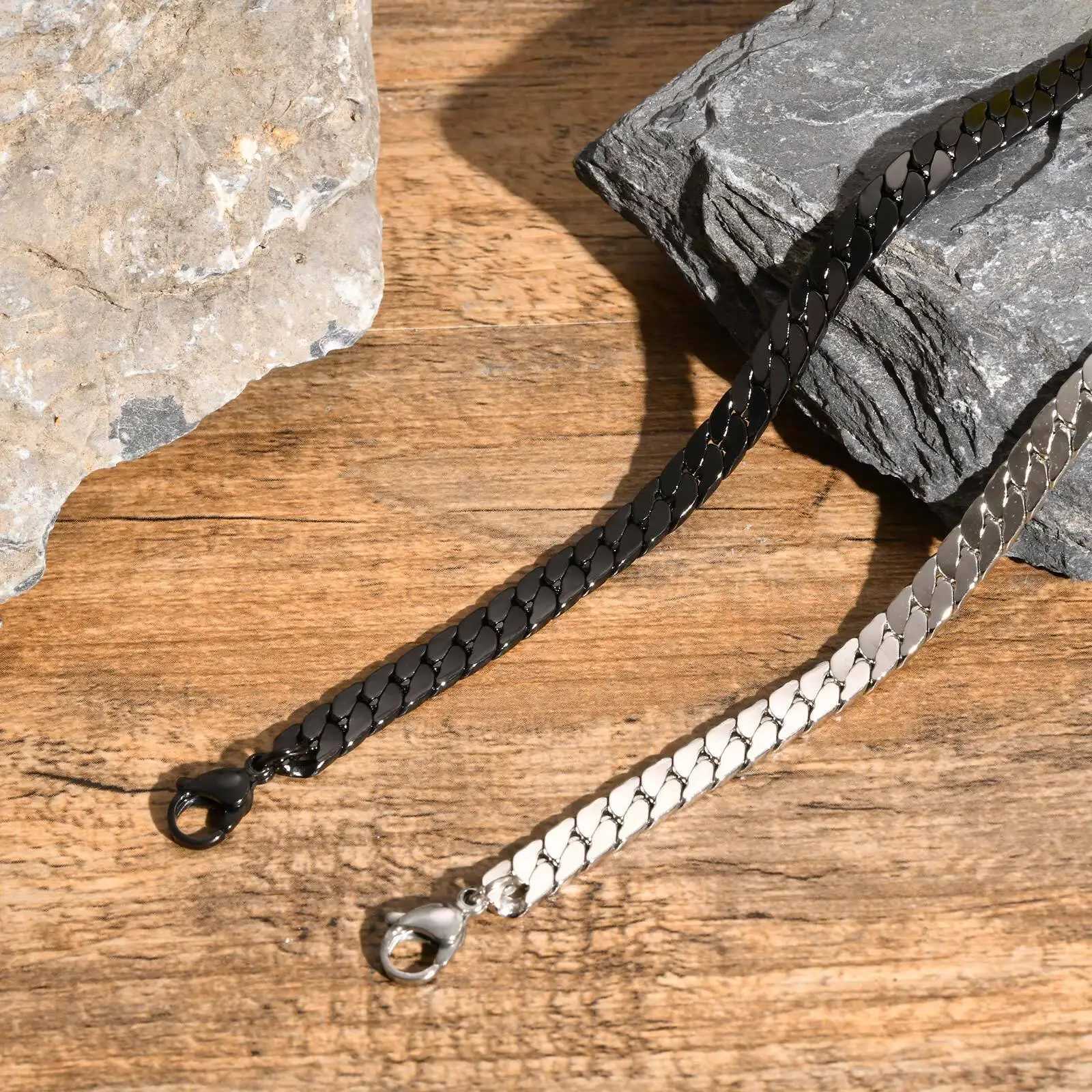 Vnox Gothic Black Cuban Chain Bracelets for Men Stainless Steel Flat Miami Curb Links Wristband Simple Metal Jewelry W250807