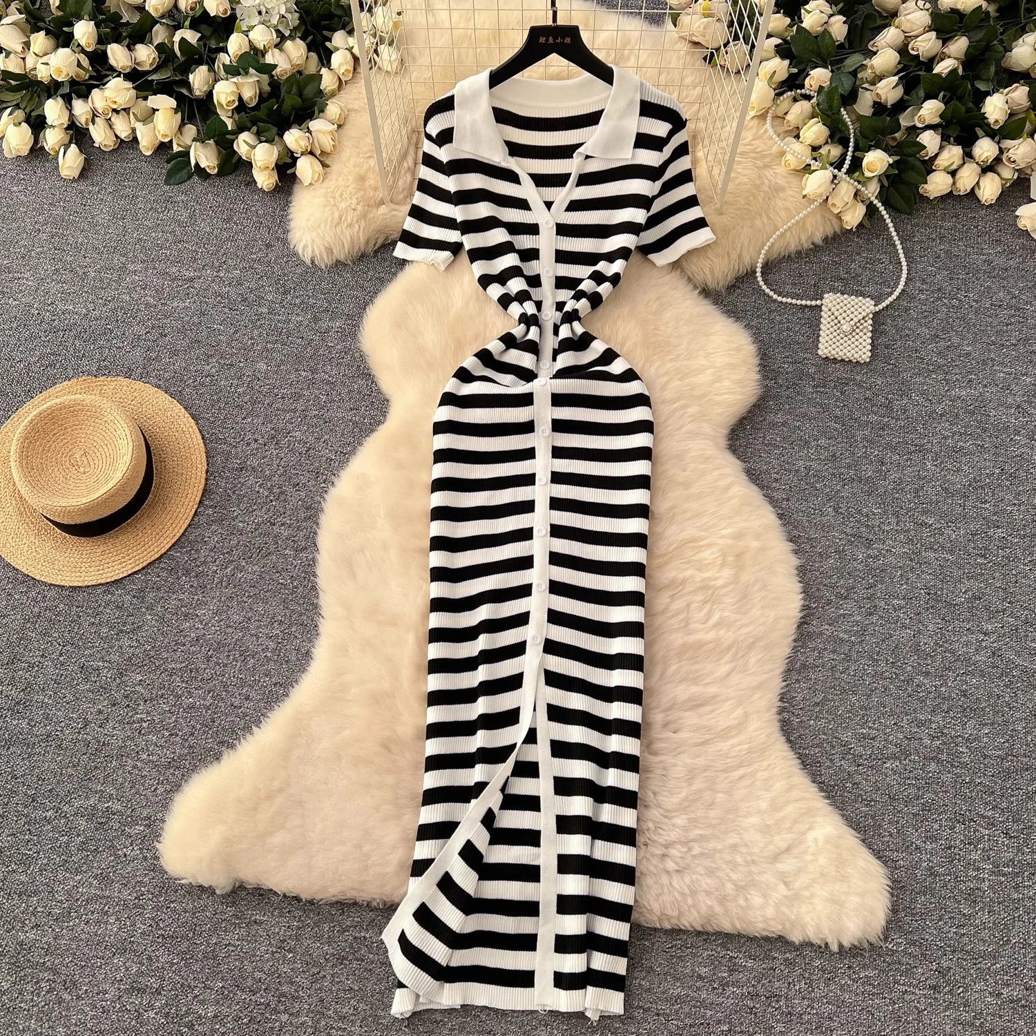 YuooMuoo Chic Fashion Sexy Wrap Hips Knitted Maxi Dress Summer Women Singlebreasted Stripes Sweater Streetwear Robes 250807