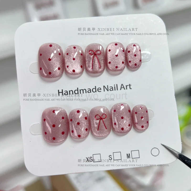 10pcs Ballet Short Nail Tips Set - Glossy Finish Polka Dot Solid Color Designs with 3D Bow Accents Nail Art for Women and Girls M250807