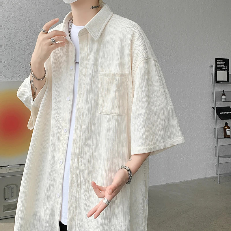 Wine Red Side Buttons Pleated Shirt Black Apricot Harajuku Button Up Korean Short Sleeve Aesthetic Male Shirts Men Blouse 250807