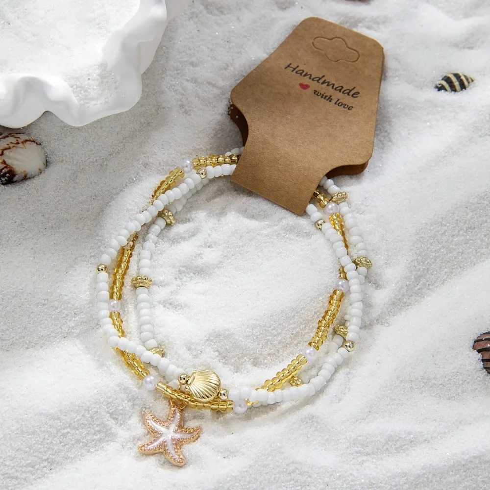 3PCS Bohemian Rice Beads Starfish Pendant Anklet Set Fashion Summer Beach Sea Shell Multilayer Ankle On Foot Jewelry Y250805