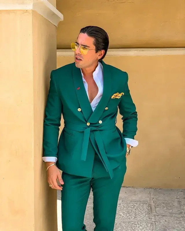 2PCS Green Men Suits Slim Fit Double Breasted Shawl Lapel Formal Wedding Tuxedo Set Traje Americana Hombre 250807