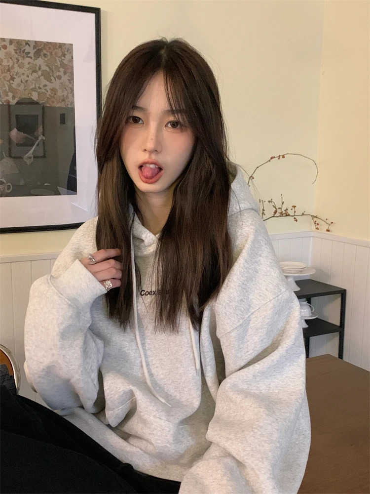 Fashion Dark Grey Hoodie Fleece Thicken Sweatshirt Long Sleeve Korean Letter Printing Baggy Female Tops Pullover Autumn 250807