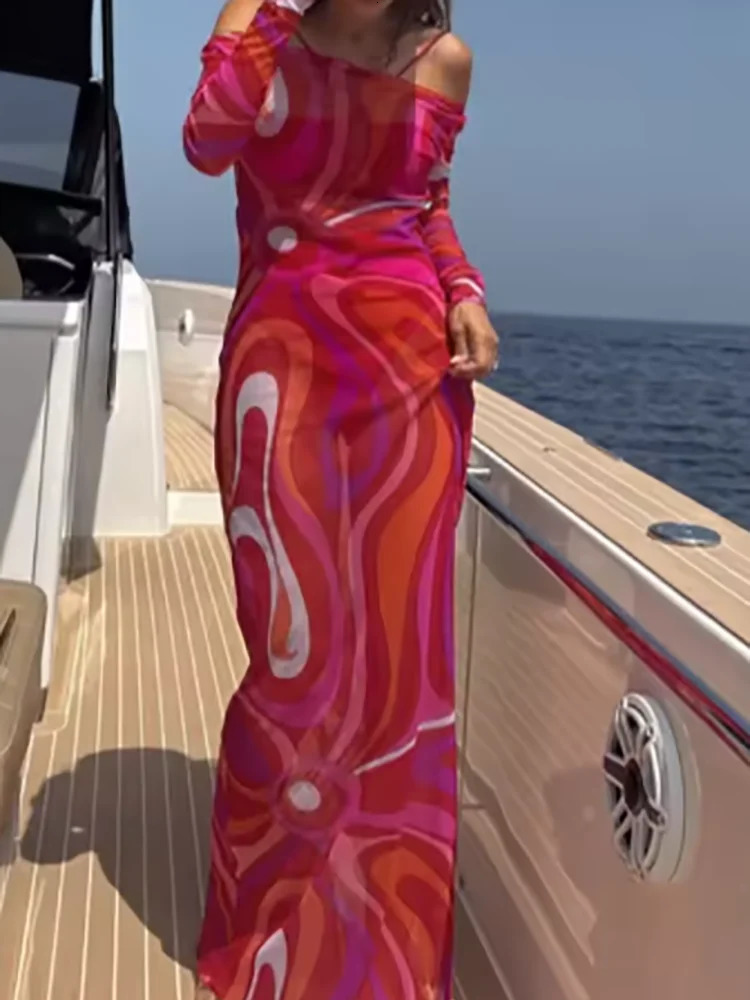 Red Printed Long Sleeved Yacht Dress Elegant Oneck High Waist Slim Fitting Robe Vacation Wrap Hip Straight Dresses 250807