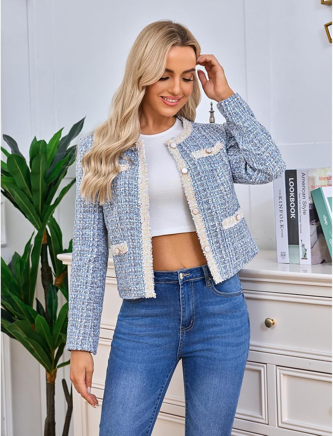 Women's Tweed Blazers Cropped Long Sleeve Crewneck Open Front Lace Trim Lightweight Plaid Work Business Jackets