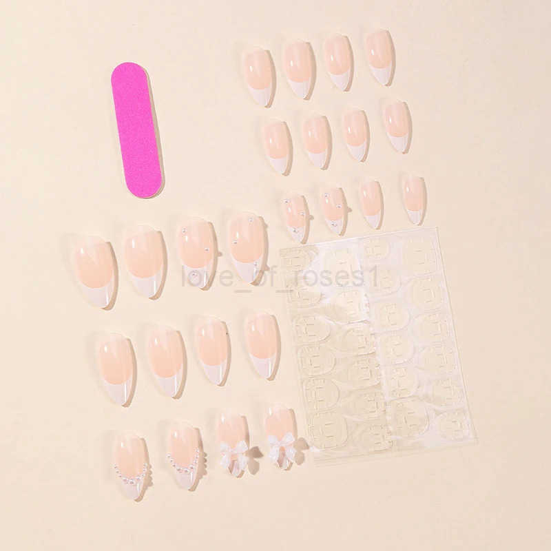 24Pcs Almond White French Press on Nails Pearl Bow False Nails Short Rhinestones Removable Nail Stickers for Women and Girls Z250807