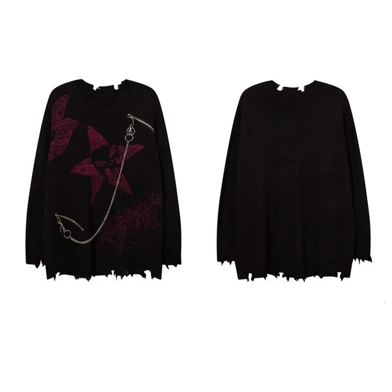 Star Chain Hole Mens Sweater American Gothic Vintage Hip Hop Couple Knitwear Pullover Winter Oversize Jumpers 250807