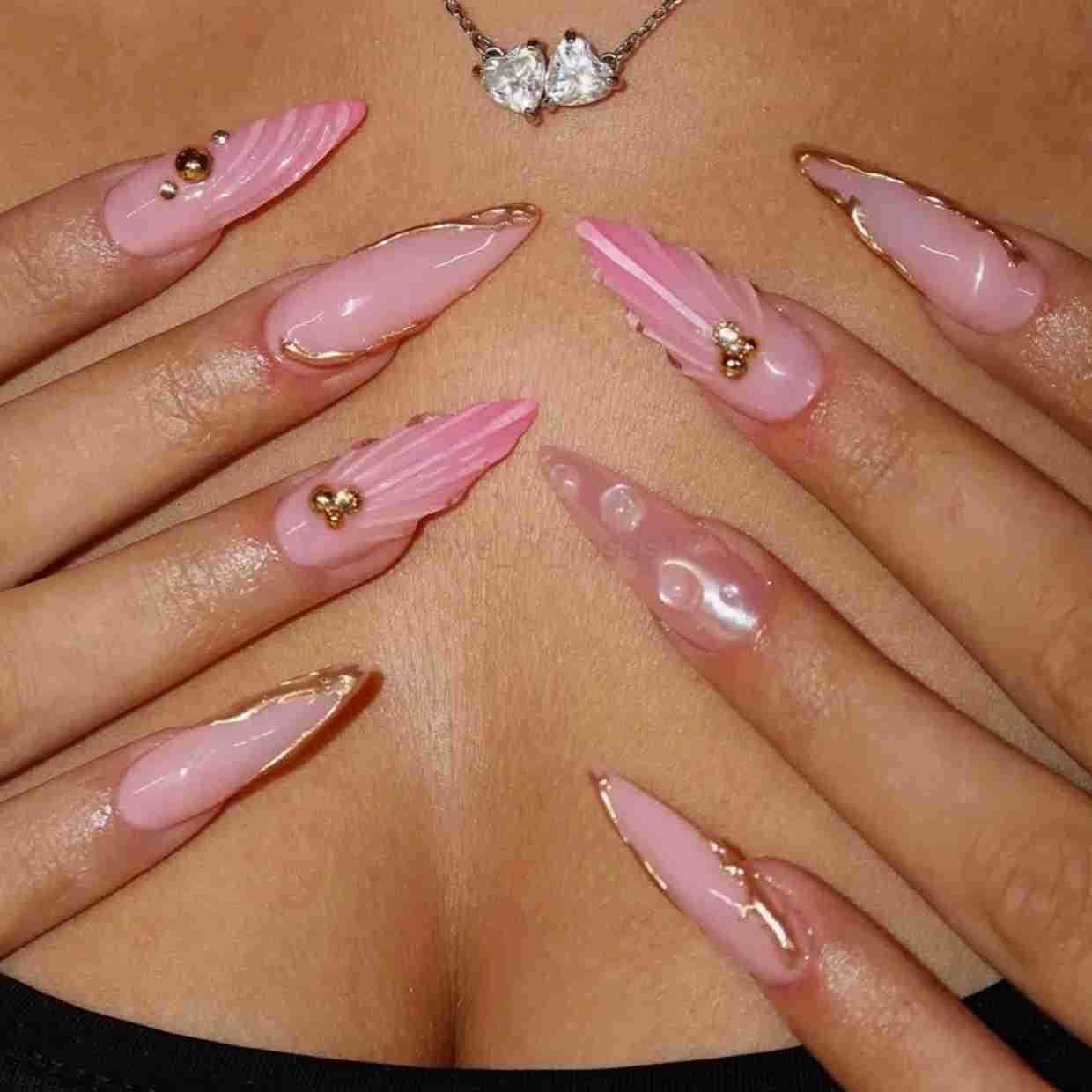 Fish Scale Glitter Powder Long Pointed Fake Nail Shell Pearl Cat Eye Starfish Summer Ripple False Nails Art Charm Press-on Nails Z250807