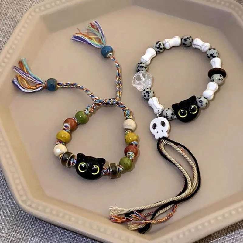 1/2PCS Tassels Big Eye Cat Bracelets for Women Men Sweet Cool Skull Ceramic Beaded Bracelet Aesthetic Party Jewelry Accessories W250807
