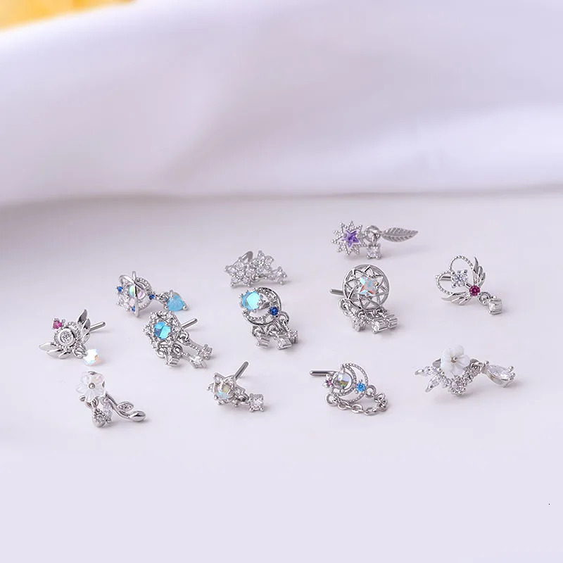 1Piece Fashion L Shaped Dangle Nose Studs Piercing 20G Stainless Steel Flower Moon Tassels Zircon Nostril Screw Piercing Jewelry 250805