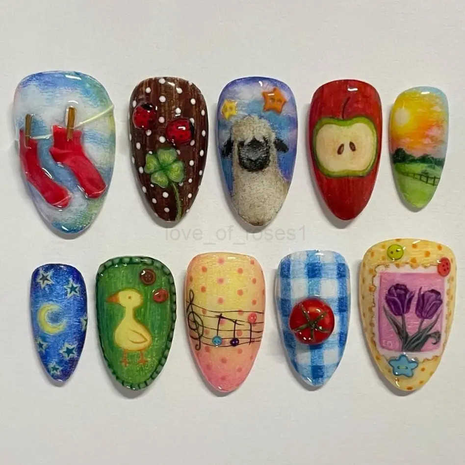 24pcs Cute Cartoon Fake Nail Tips Oil Painting Series Printed Almond Press On Nails Sweet Cool Charming False Nails For Spicy Girl Z250807