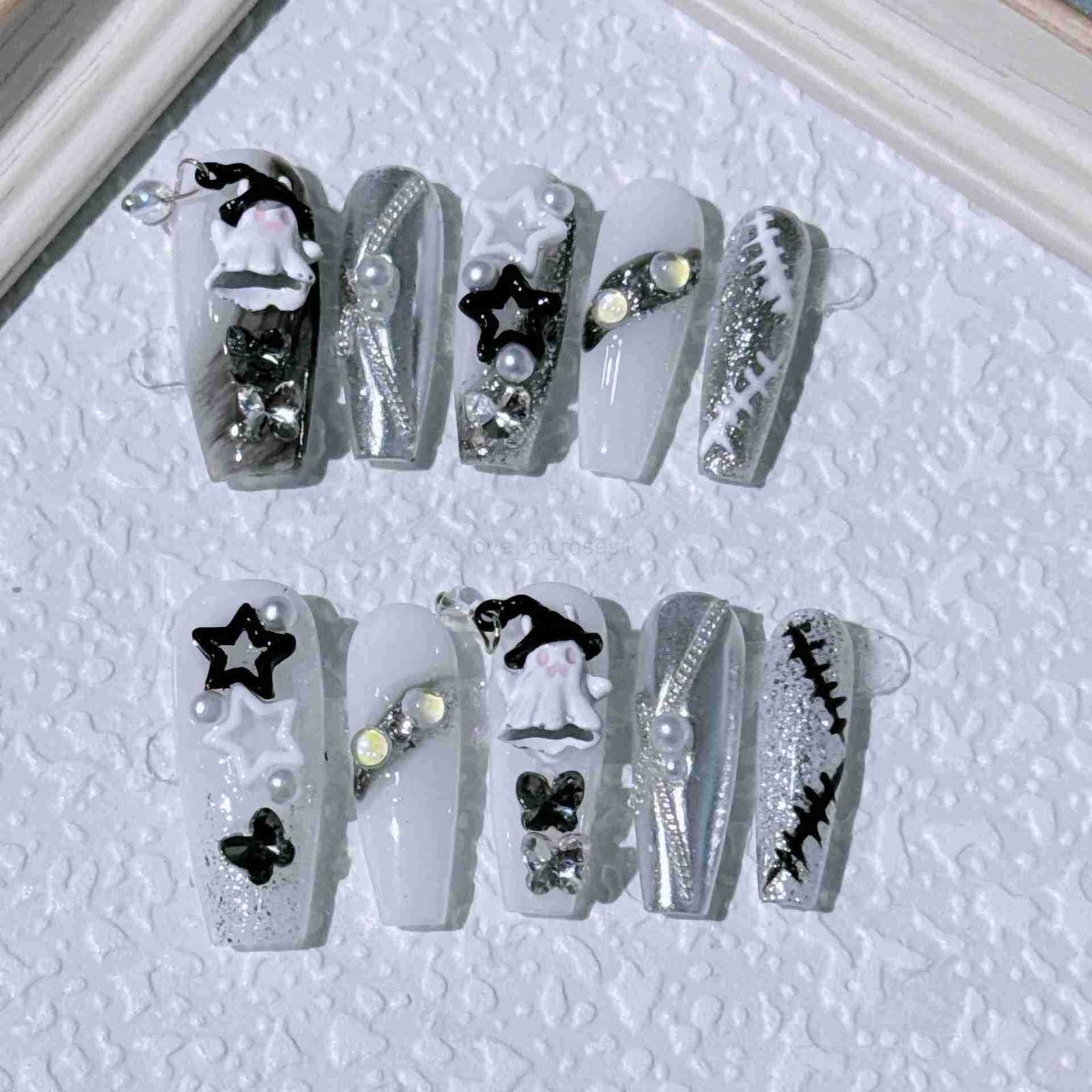 10pcs Handmade Gothic Press on Nails Halloween Design Fake Nail Tips Wearable European Heavy Metal Y2k False Nails Z250807