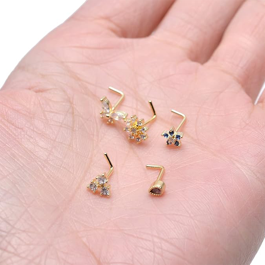 10Pcs Nose Ring Hoop Paved Flower Leaf Butterfly Feather CZ Cartilage Earrings Nose Piercing Jewelry for Women Men Gold Tone 20G