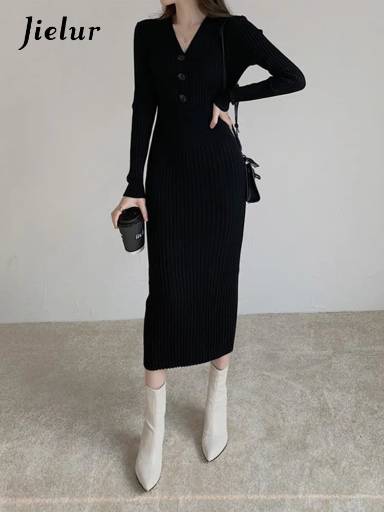 Jielur Vintage Knitted Long Sleeve Dresses Women Slim Bodycon Korean Elegant Dress Lady Winter Buttons V Neck Sweater Midi Dress 250806