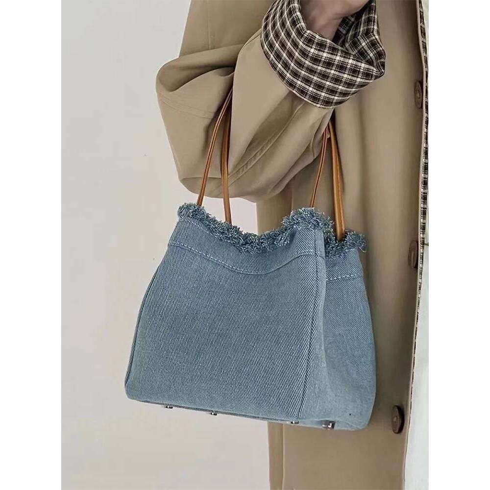 Denim Bucket Bag New Women s Foldable Stretchable Magnetic Buckle Handbag Street Trend Personalized Small Square Bags