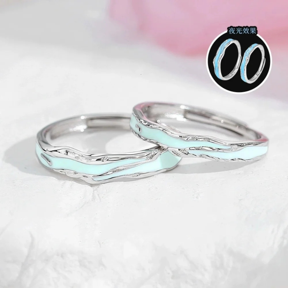 Couple Rings 925Sterling Silver Enamel Glow in Dark Adjustable Promise Rings Unique Band Gift for Valentine Anniversary 250730