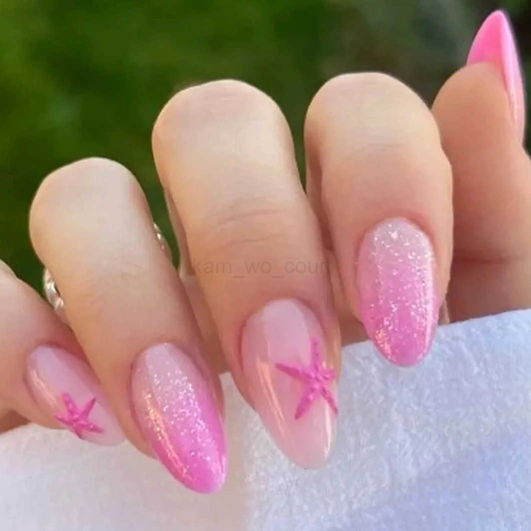 Fish Scale Glitter Powder Long Pointed Fake Nail Shell Pearl Cat Eye Starfish Summer Ripple False Nails Art Charm Press-on Nails M250807