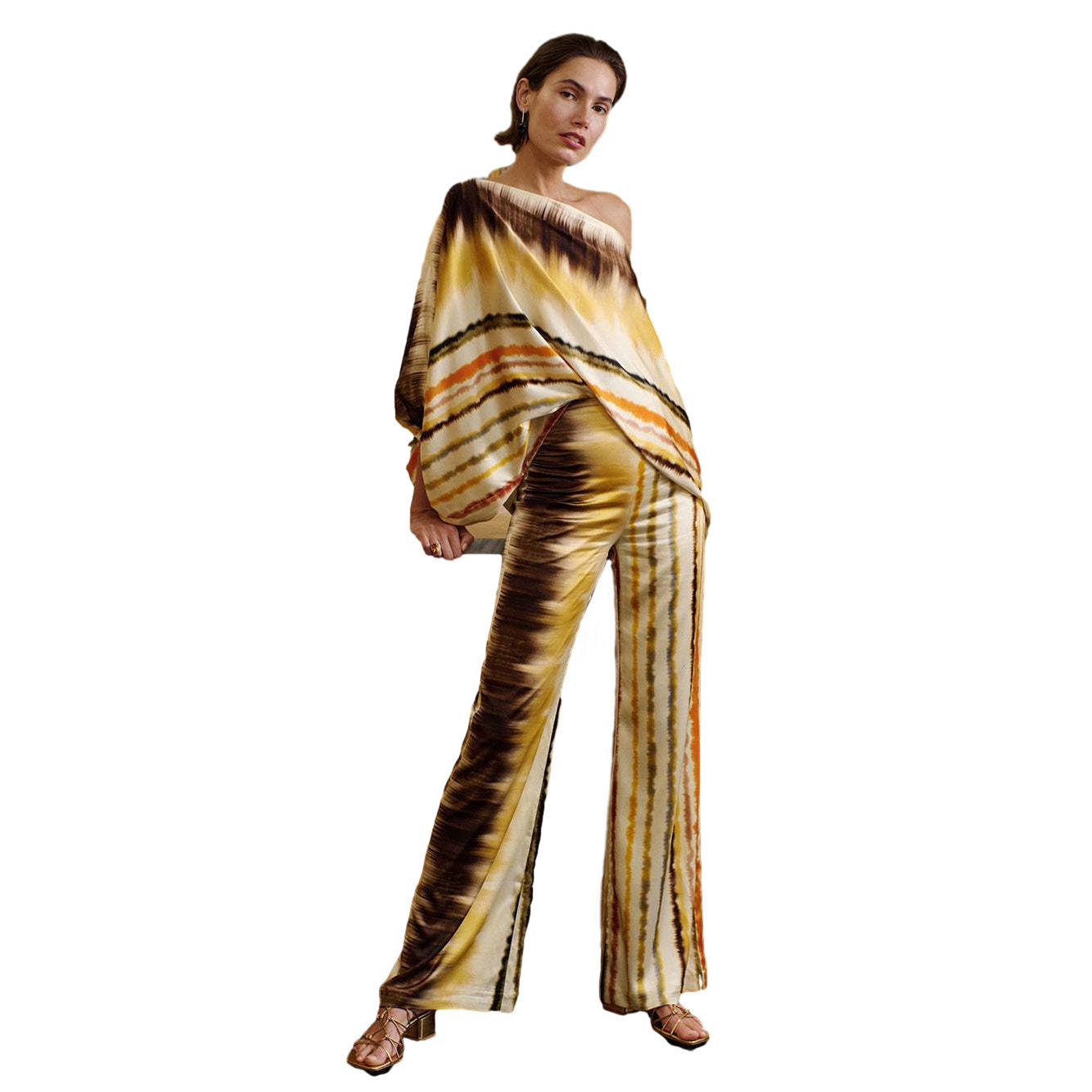 D9713 Womens Fashion Casual Satin Print Loose Off-Shoulder Top and Pants Two-Piece Set