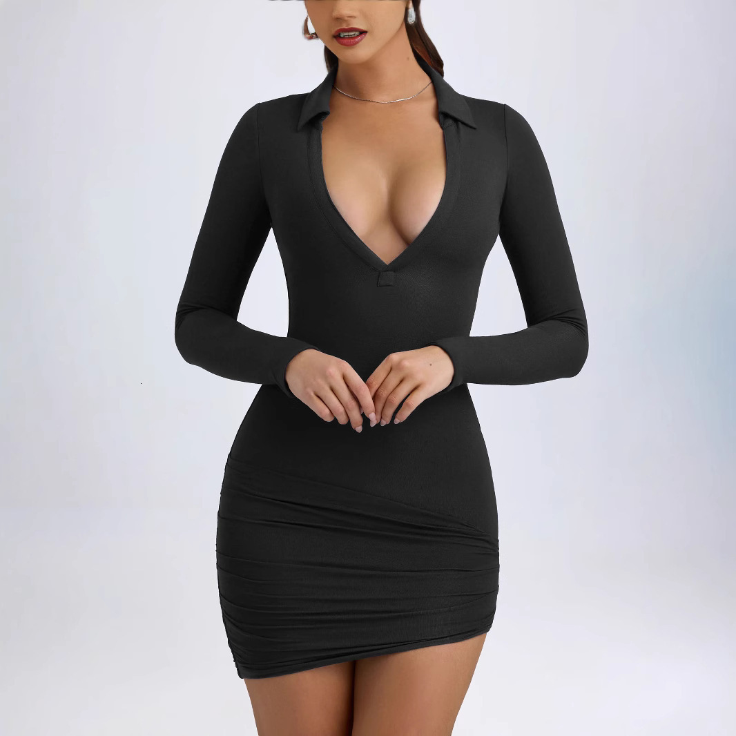 Y2K Sexy Solid Color Deep V Design Turn-Down Collar Long Sleeve Pure Desire Style Slim Fit Bodycon Mini Dress