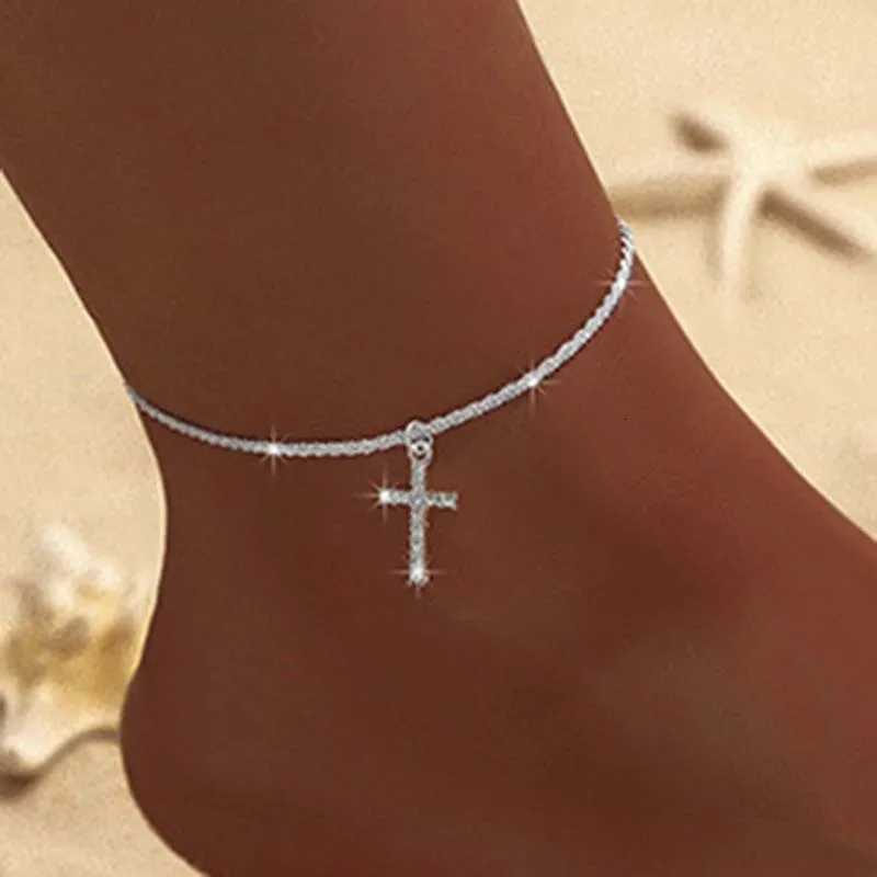 Sparkling Thin Chain Anklet For Women Zircon Heart Cross Pendant Double Layer On Leg Foot Trendy Summer Beach Jewelry Y250805