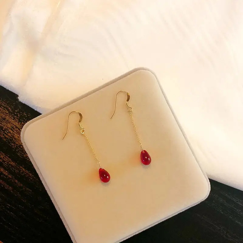 silver inlaid drop-shaped ruby long pendant earrings for women simple charm romantic wedding engagement jewelry gift 250805