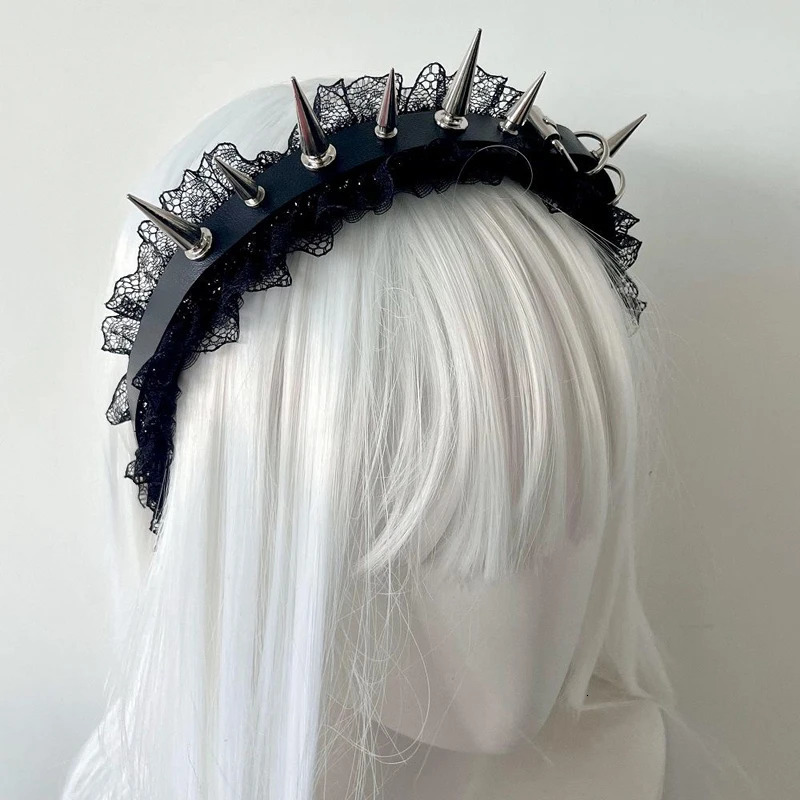 Y2K Harajuku Steampunk Gothic Lolita Punk Black Hairband with Dark Lace Rivet Pointed Nail Trendy Accessory for Women 250730