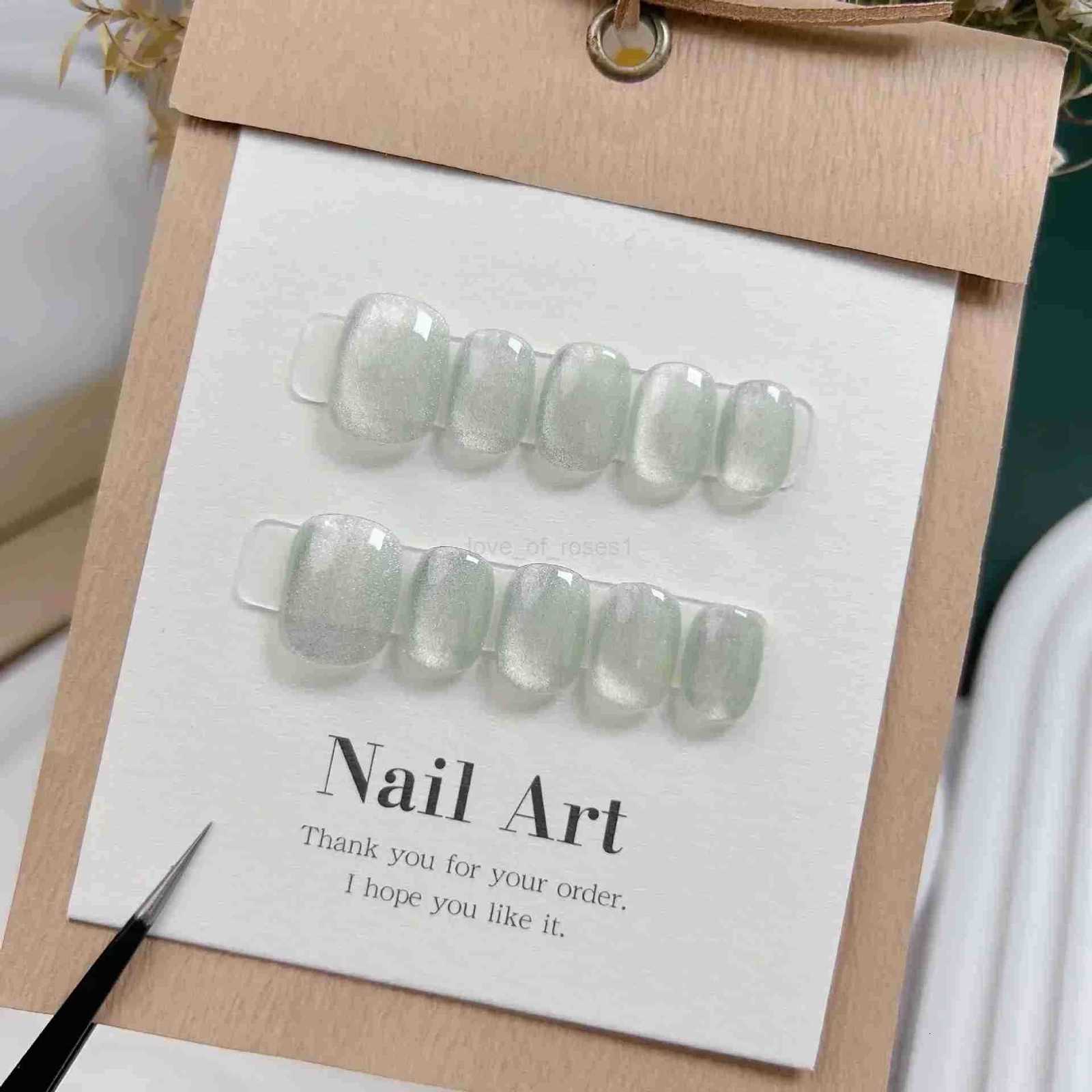 10pcs Short Handmade Light Green Press On Nails Cat Eyes Pure Ballerina Decoration Wearable False Nails Full Cover Nail Tips Art Z250807