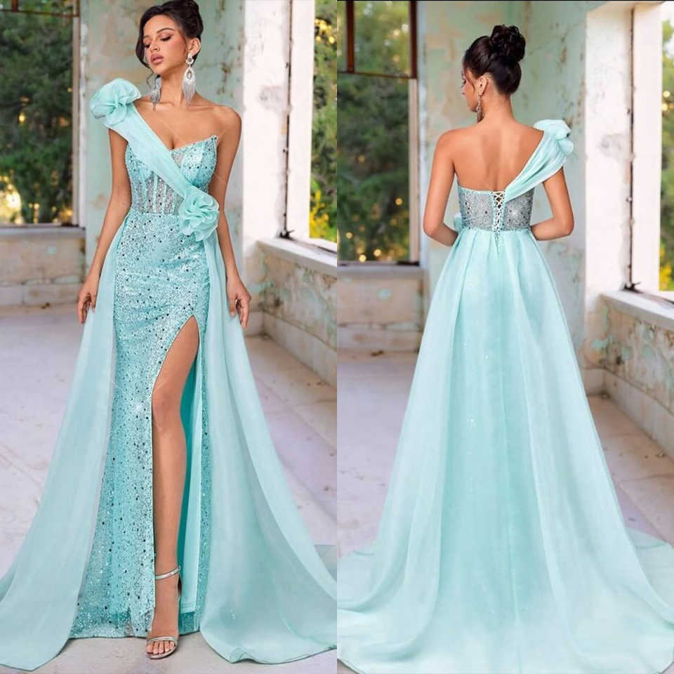 Trendy Mermaid Evening Dress Sleeveless One-Shoulder Handmade Flowers Sequins Crystal Prom Dress Customized